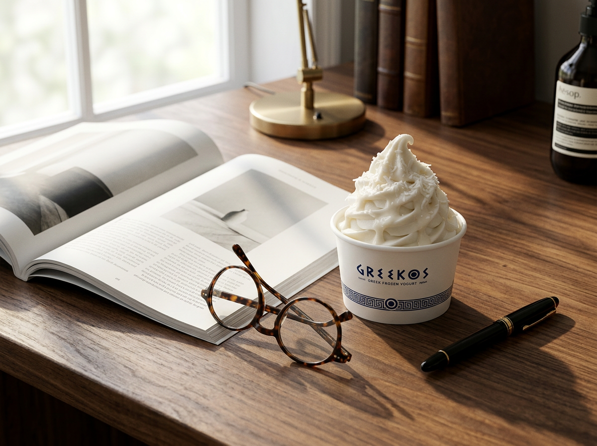 Vaso de yogurt griego helado GREEKOS sobre un escritorio de madera junto a una revista premium y unos lentes