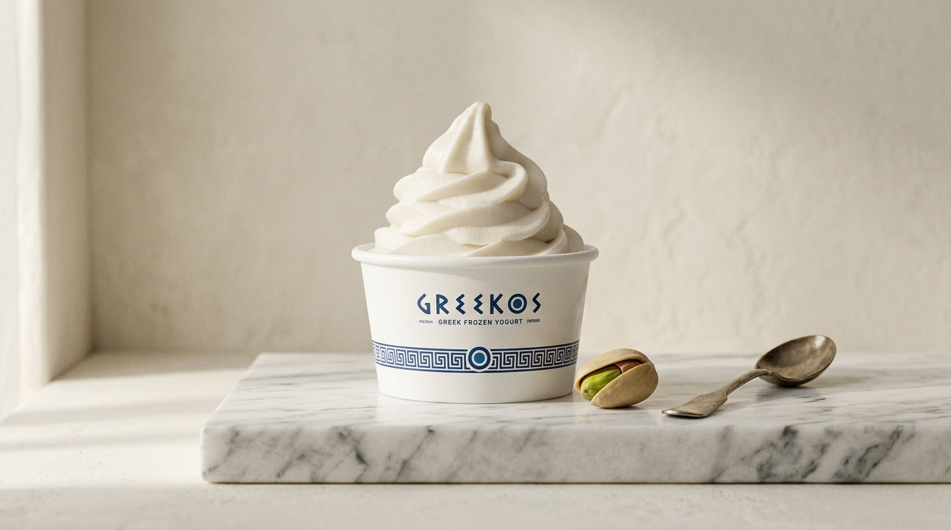 Yogurt griego espeso sobre una losa de mármol con un pistacho y una cuchara de plata